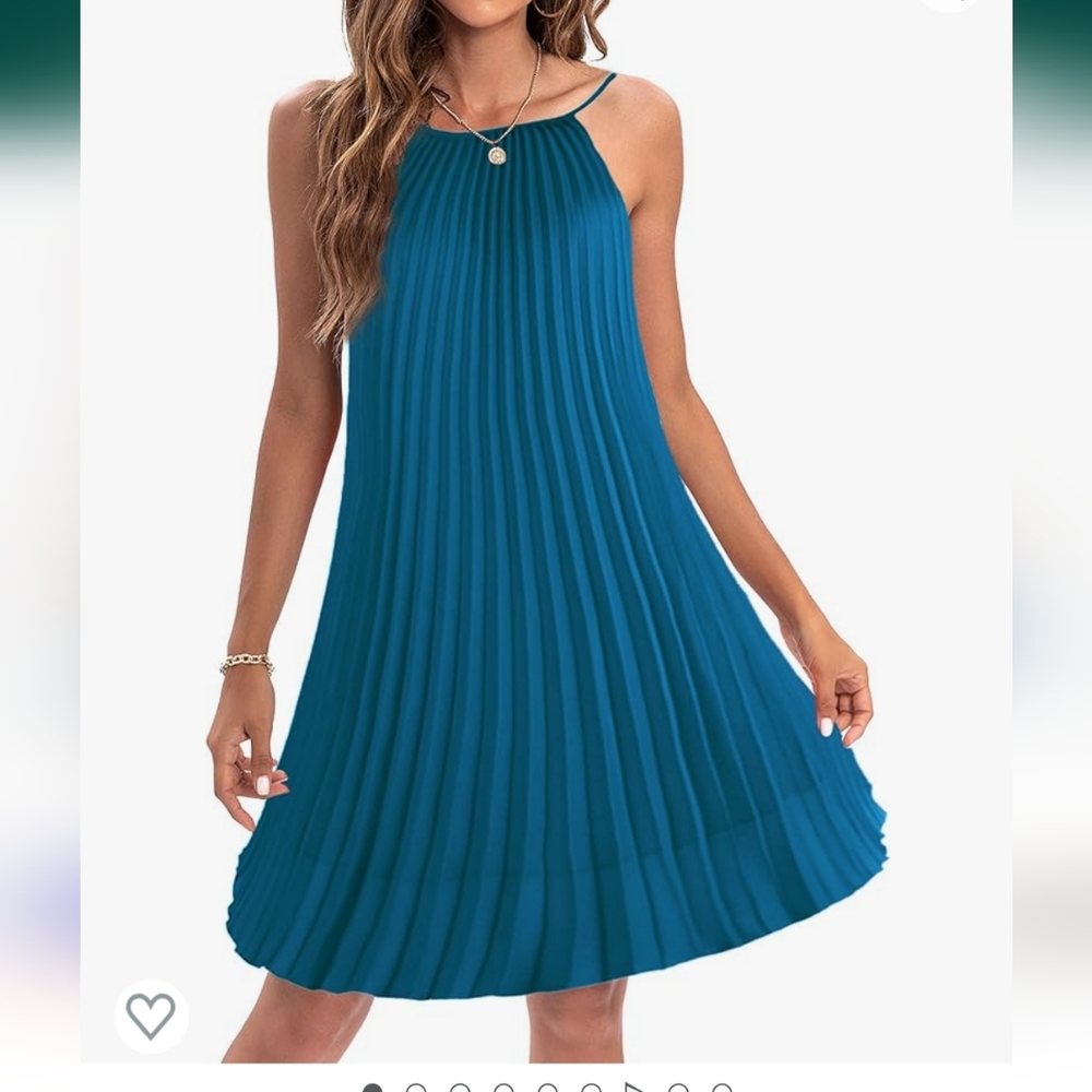 Spaghetti Strap Pleated Casual Swing Midi Dress in Steal Blue size Large New